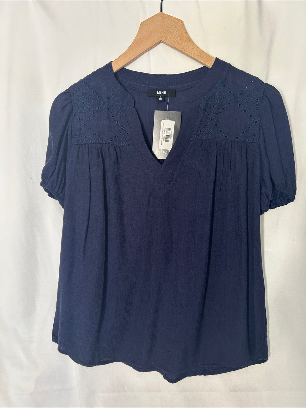MINE Navy Eyelet Yoke V-Neck Short Sleeve Blouse